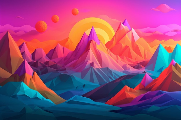 Un art numérique coloré d'un paysage de montagne avec un soleil et un ciel bleu.