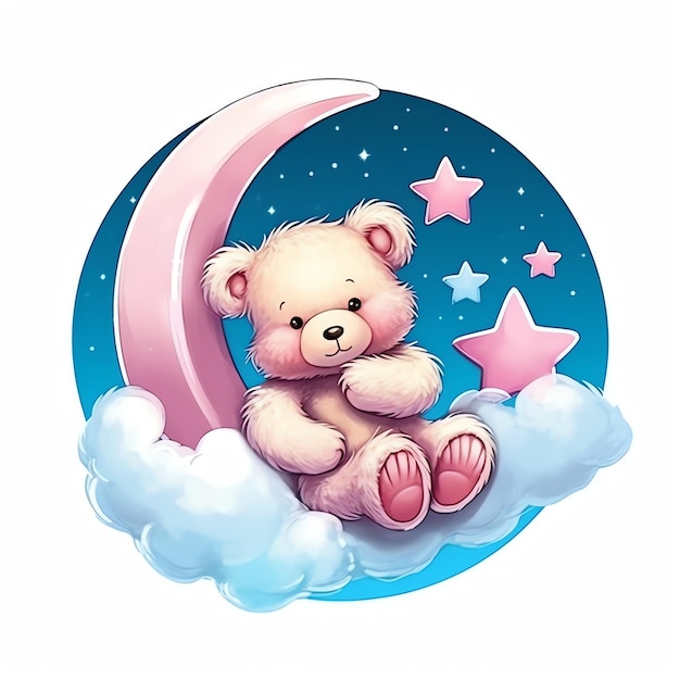 Photo art numérique deux mignons ours en peluche assis sur un nuage et embrassant une étoile ours endormi sur la lune