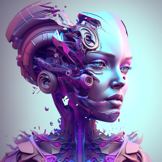 Un art numérique d'une femme avec un visage futuriste et une tête violette et rose.