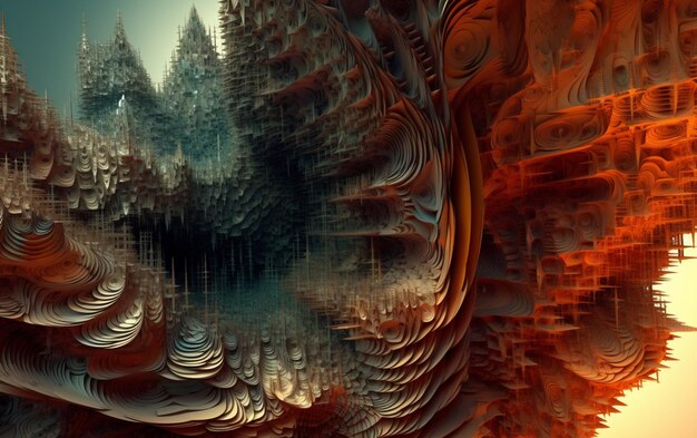 Un art numérique d'une forêt avec une image numérique d'une montagne et d'arbres.