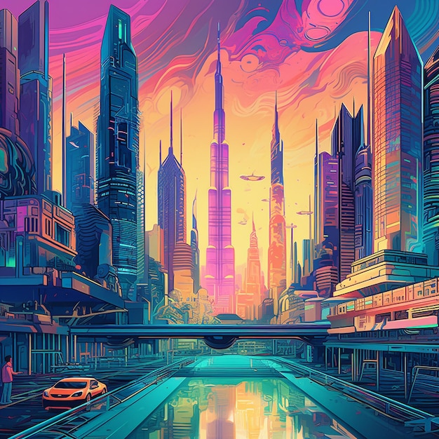 Art numérique futuriste montrant Dubaï transformé en une métropole cyberpunk