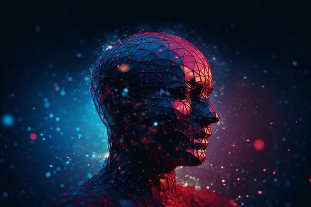 Un art numérique d'un homme avec un cerveau bleu et rouge néon
