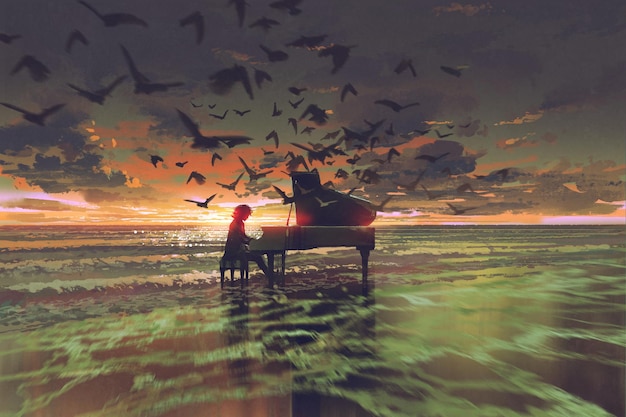 art numérique de l'homme jouant du piano parmi la foule d'oiseaux sur la plage au coucher du soleil, peinture d'illustration