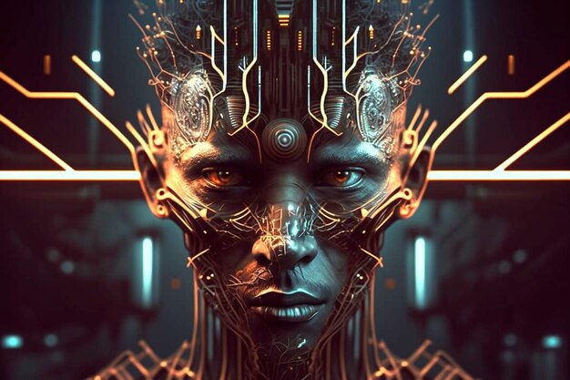 Un art numérique d'un homme avec un visage qui dit "cyberpunk"