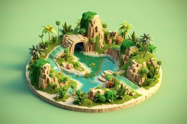 Un art numérique d'une île tropicale avec une entrée de grotte.