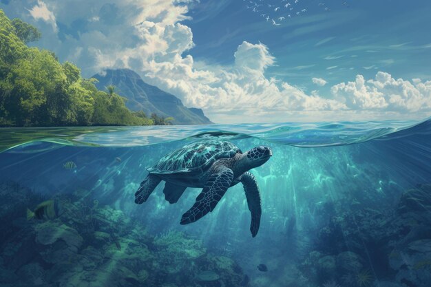 Art numérique d'inspiration tropicale mettant en vedette une tortue marine nageante
