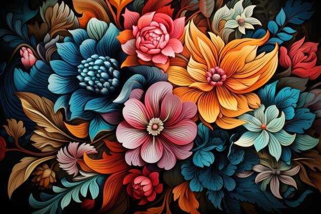 Art numérique moderne abstrait réalisé avec des fleurs et des feuilles colorées