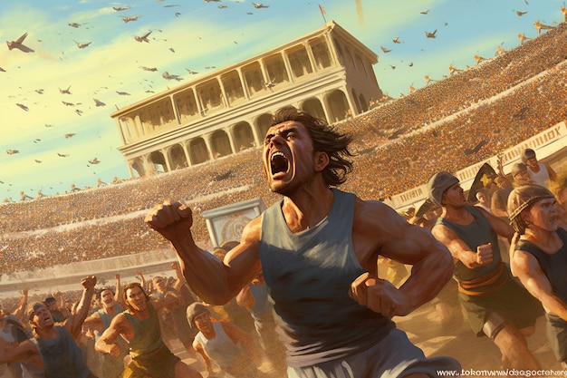 Art numérique d'un moment tendu dans les Jeux Olympiques antiques lors d'un lancer de javelot