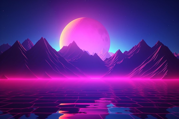 Un art numérique des montagnes et un coucher de soleil au néon.