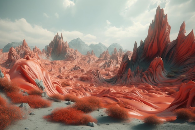 Un art numérique d'un paysage désertique avec des roches rouges et oranges.