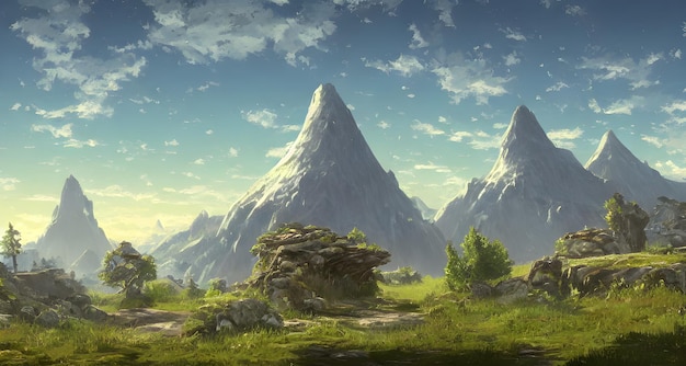 Art numérique de paysage fantastique de grande montagne avec des rochers et des collines