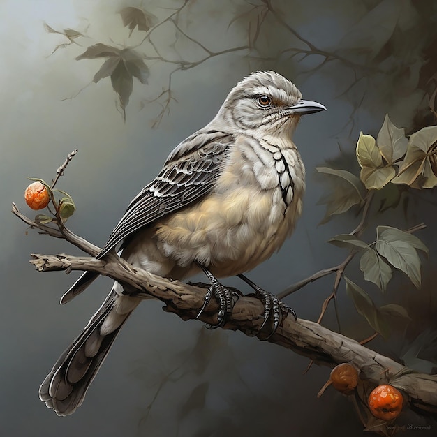 Art numérique photoréaliste présentant un oiseau moqueur du Nord perché sur une branche ai générer