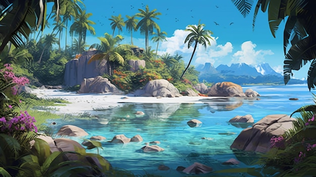 Art numérique d'une plage de paradis tropical avec des pleurs