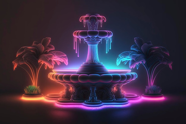 Photo art numérique représentant une fontaine au néon l'eau est illuminée d'une lumière multicolore generative ai