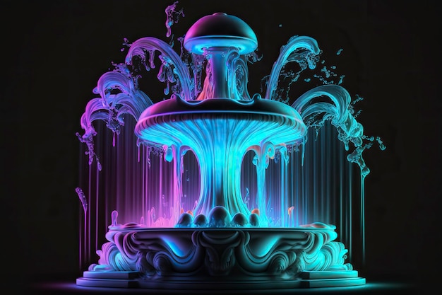 Art numérique représentant une fontaine au néon L'eau est illuminée d'une lumière multicolore Generative AIx9