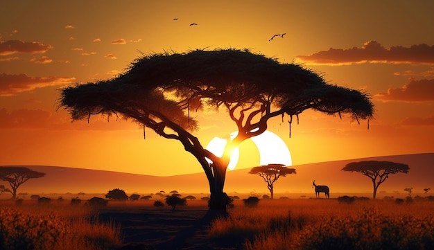 Art numérique de la savane africaine avec IA générative au lever ou au coucher du soleil