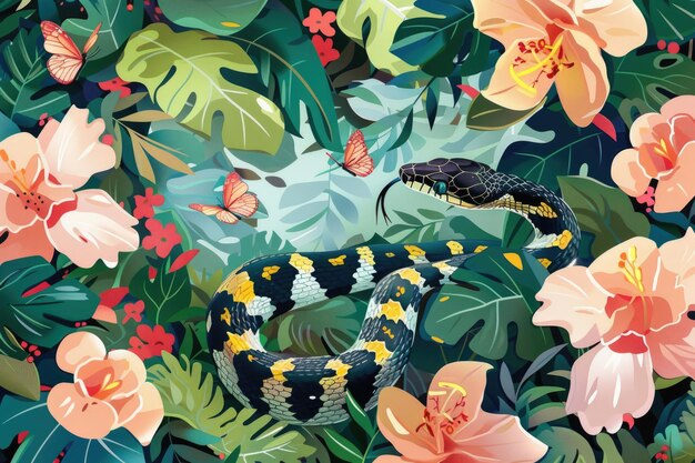 Art numérique d'un serpent vibrant parmi les fleurs tropicales signalant une faune exotique