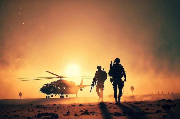 Art numérique de silhouette de soldats avec un hélicoptère dans le désert au coucher du soleil