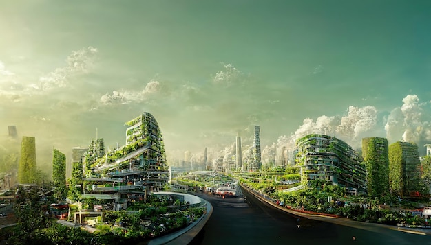 Art numérique spectaculaire illustration 3D eco ville futuriste abondante en arbres