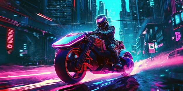 Photo art numérique spectaculaire d'un pilote cyberpunk sur un vélo ou un croiseur du futur avec une lumière néon vivante et brillante