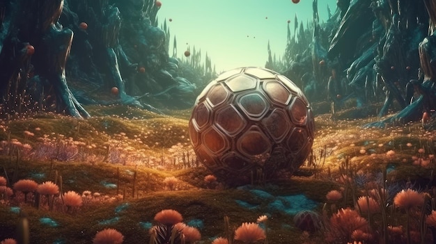 Un art numérique d'une sphère avec un fond d'arbres et de fleurs.