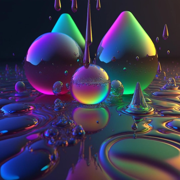 Un art numérique de trois gouttes d'eau avec une lumière de couleur arc-en-ciel.
