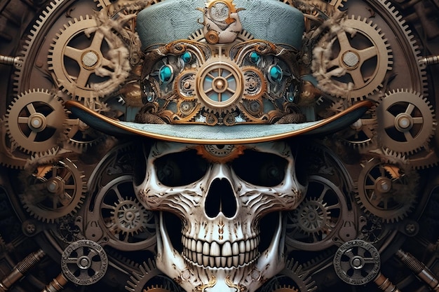 Art numérique unique du jour des morts Steampunk Skull Generative AI