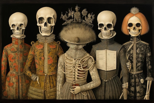 Art occulte de style médiéval avec squelette et monstres Icône ancienne ou illustration de livre ancien avec scène religieuse mystique