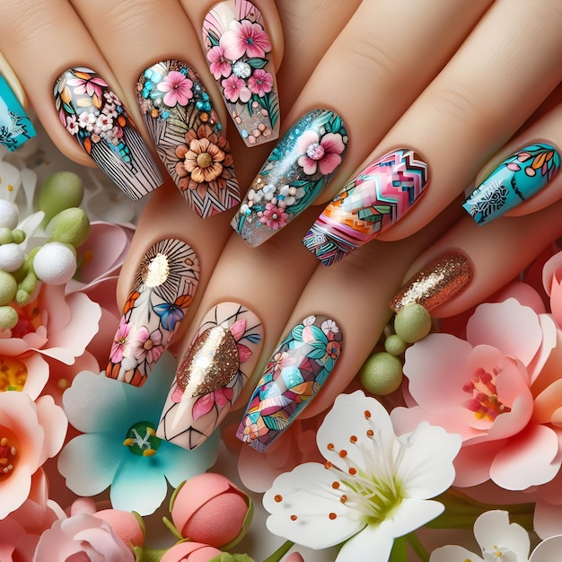 Photo l'art des ongles sur fond de fleurs