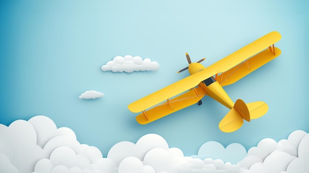 Art sur papier avec un avion jaune volant dans le ciel parmi les nuages blancs design d'artisanat