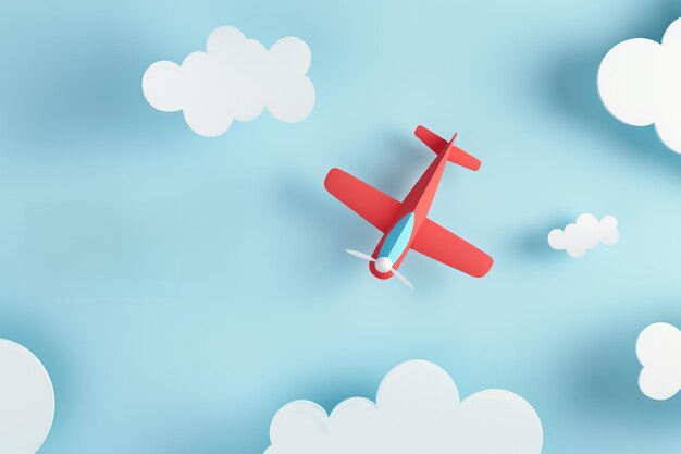 Art sur papier avec un avion rouge volant dans le ciel parmi les nuages blancs design d'artisanat