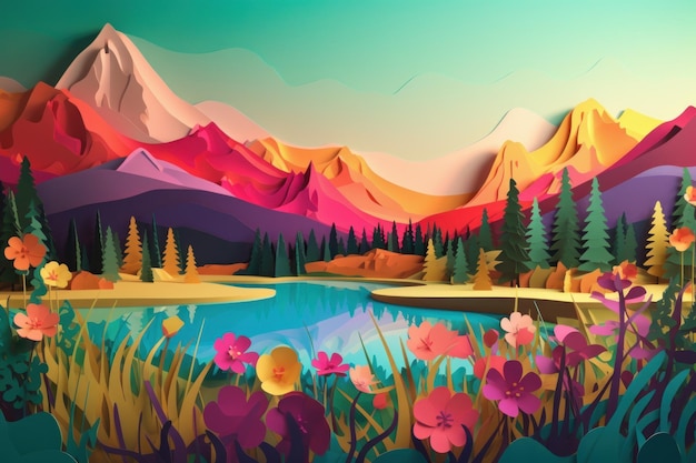 Art en papier coloré d'un lac de montagne avec un paysage de montagne et des fleurs.