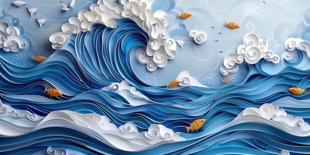 Photo art sur papier des vagues de l'océan avec des poissons