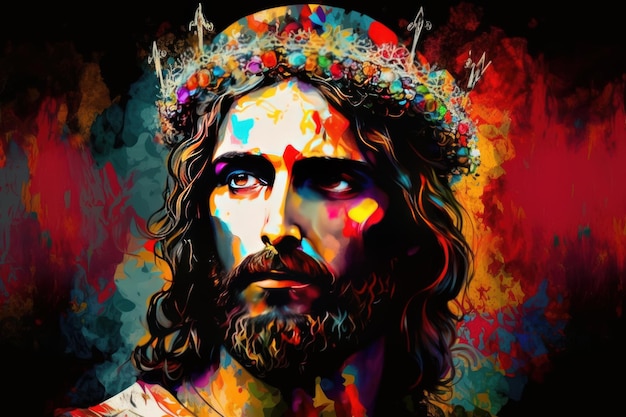 Art de la peinture colorée de Jésus avec une couronne d'épines Generative AI