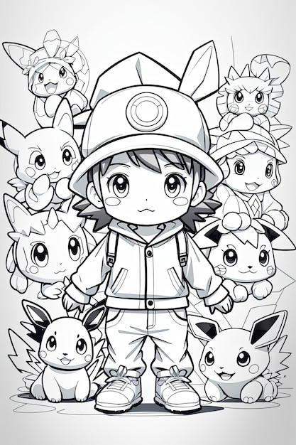 Photo art pour les pages de livre de coloriage pour enfants mignons tout pokemon de style enfant blanc