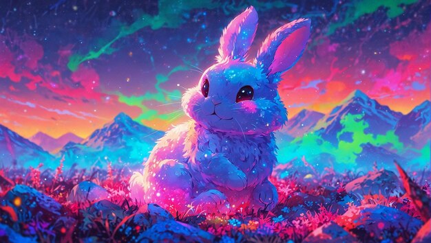 L'art psychédélique du lapin de Pâques au néon