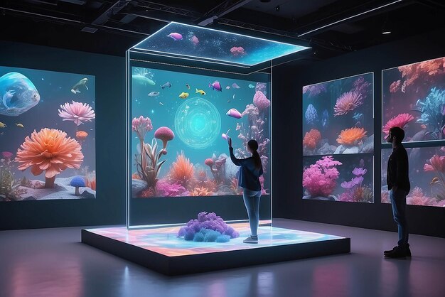 Art en réalité augmentée sur des écrans flottants holographiques avec des éléments interactifs et une maquette de contenu générée par l'utilisateur