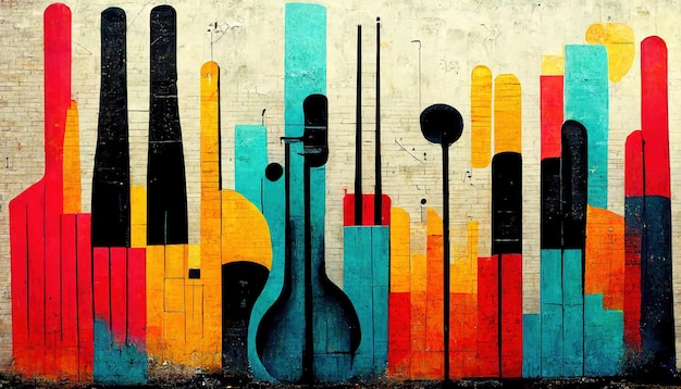 Art de rue IA générative avec des clés et des silhouettes d'instruments de musique Art graffiti coloré à l'encre