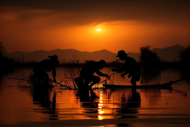 Photo l'art serein des pêcheurs de silhouettes capturant la tranquillité dans l'étang de thaïlande