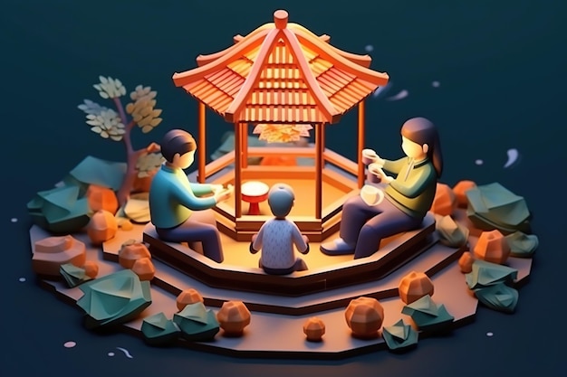 Art de style 3D isométrique chinois de la mi-automne IA générative