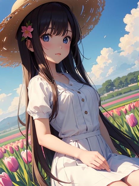 Art de style anime belle fille et champ de tulipes