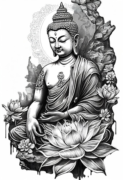 Art de tatouage vectoriel bouddha sur main de lotus dessin IA générative noir et blanc