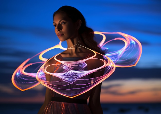 Photo art technologique d'une femme avec fond de plage et effets de lumière générés par l'ia