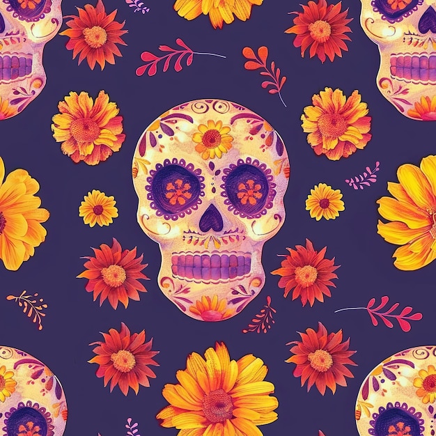 Art textile avec des crânes de sucre et des pétales de fleurs dans un motif homogène