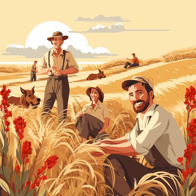 L'art vectoriel des agriculteurs travaille avec enthousiasme, bonheur et leur succès