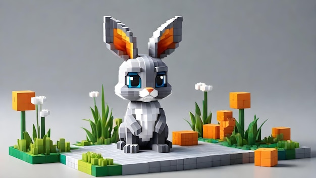 Un art voxel de lapin dans des animaux sauvages fait de cubes 3D illustration voxel style Minecraft