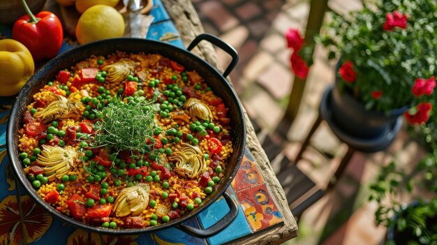 Artichoke végétarienne et paella aux haricots contre une terrasse de jardin colorée