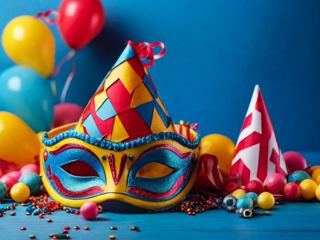 Articles de fête colorés pour le carnaval ou la fête d'anniversaire sur fond bleu avec espace de copie