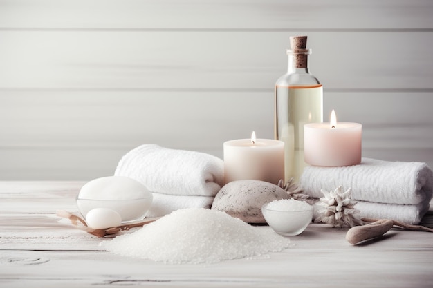 Articles de soins de beauté pour les procédures de spa sur une table en bois blanc générée par l'IA