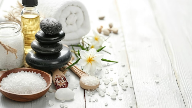 articles de soins de beauté pour les procédures de spa sur table en bois blanc pierres de massage huiles essentielles et espace de copie de sel de mer
